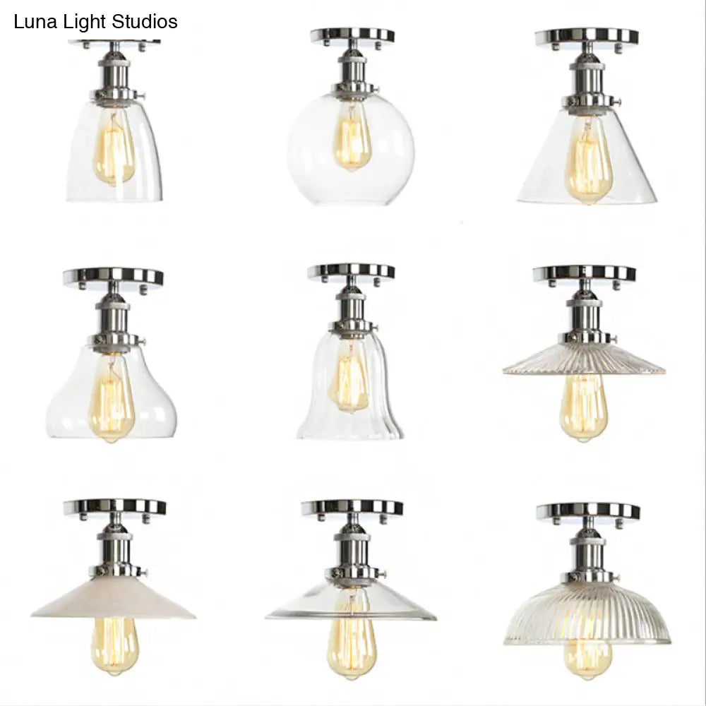 Clear Ribbed Glass Flushmount Farmhouse Bell - Chrome Ceiling Light