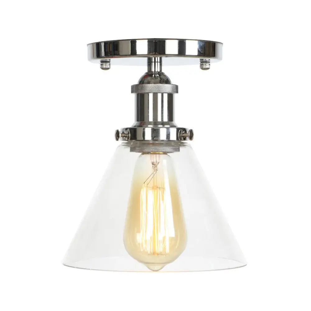 Clear Ribbed Glass Flushmount Farmhouse Bell - Chrome Ceiling Light Chrome / C