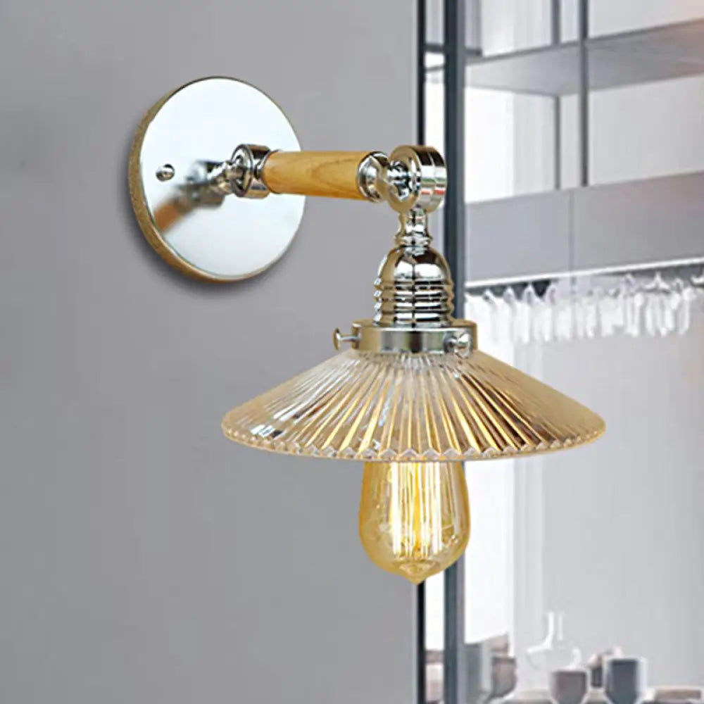 Clear Ribbed Glass Wall Sconce Light With Industrial Chrome Cone Wooden Arm - 1 8/4/6 Wide Living