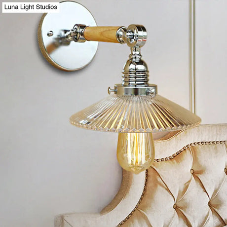 Clear Ribbed Glass Wall Sconce Light With Industrial Chrome Cone Wooden Arm - 1 8/4/6 Wide Living