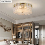 Clear Textured Glass Drum Ceiling Light With Scalloped Edge - Contemporary Flush Mount Fixture