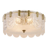 Clear Textured Glass Drum Ceiling Light With Scalloped Edge - Contemporary Flush Mount Fixture