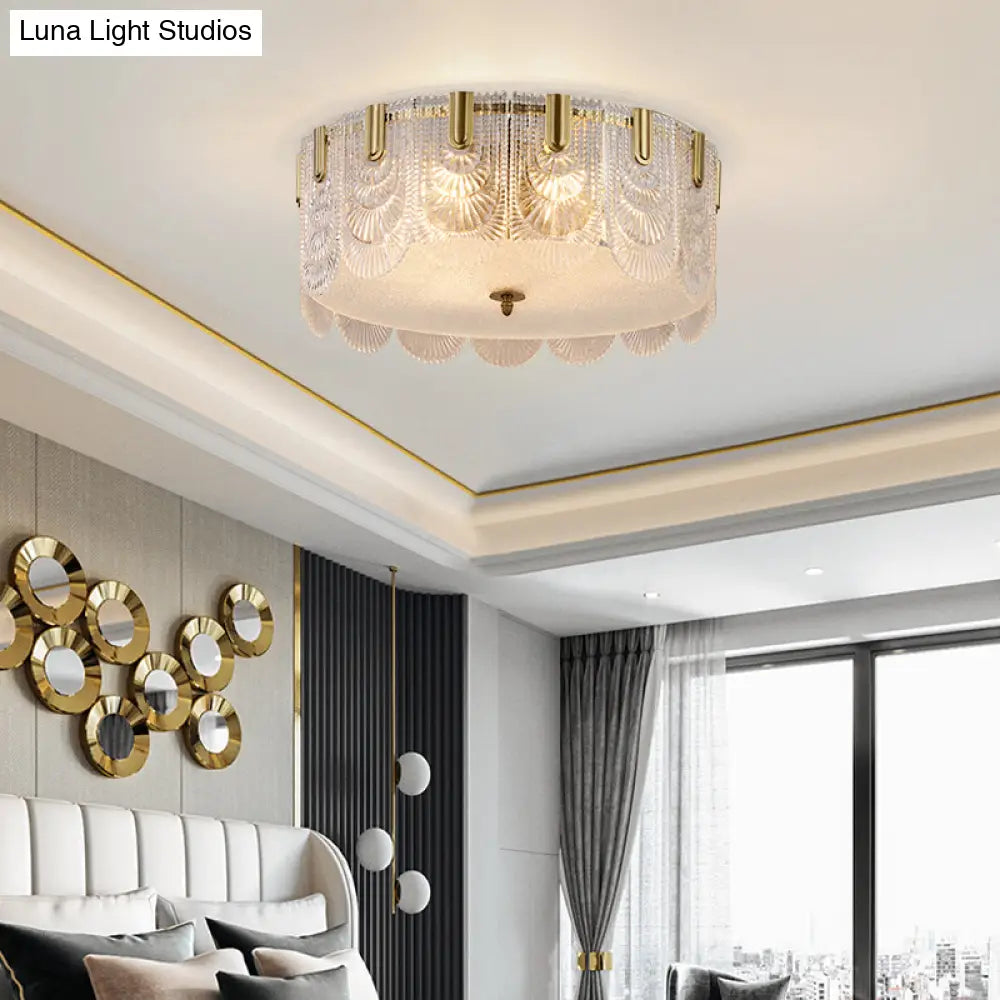 Clear Textured Glass Drum Ceiling Light With Scalloped Edge - Contemporary Flush Mount Fixture