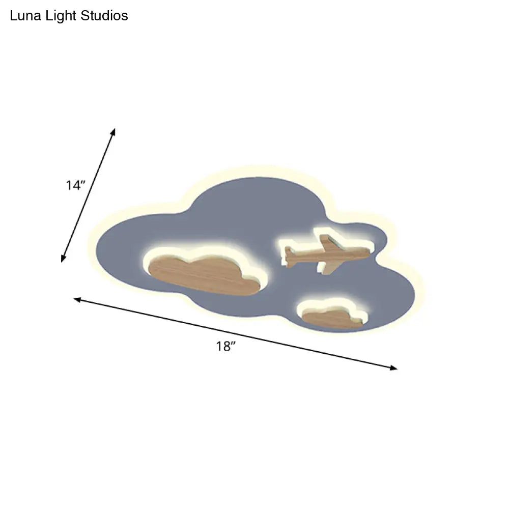 Cloud Flight Ceiling Flush Mount Cartoon Acrylic Blue Wood Led Light Fixture