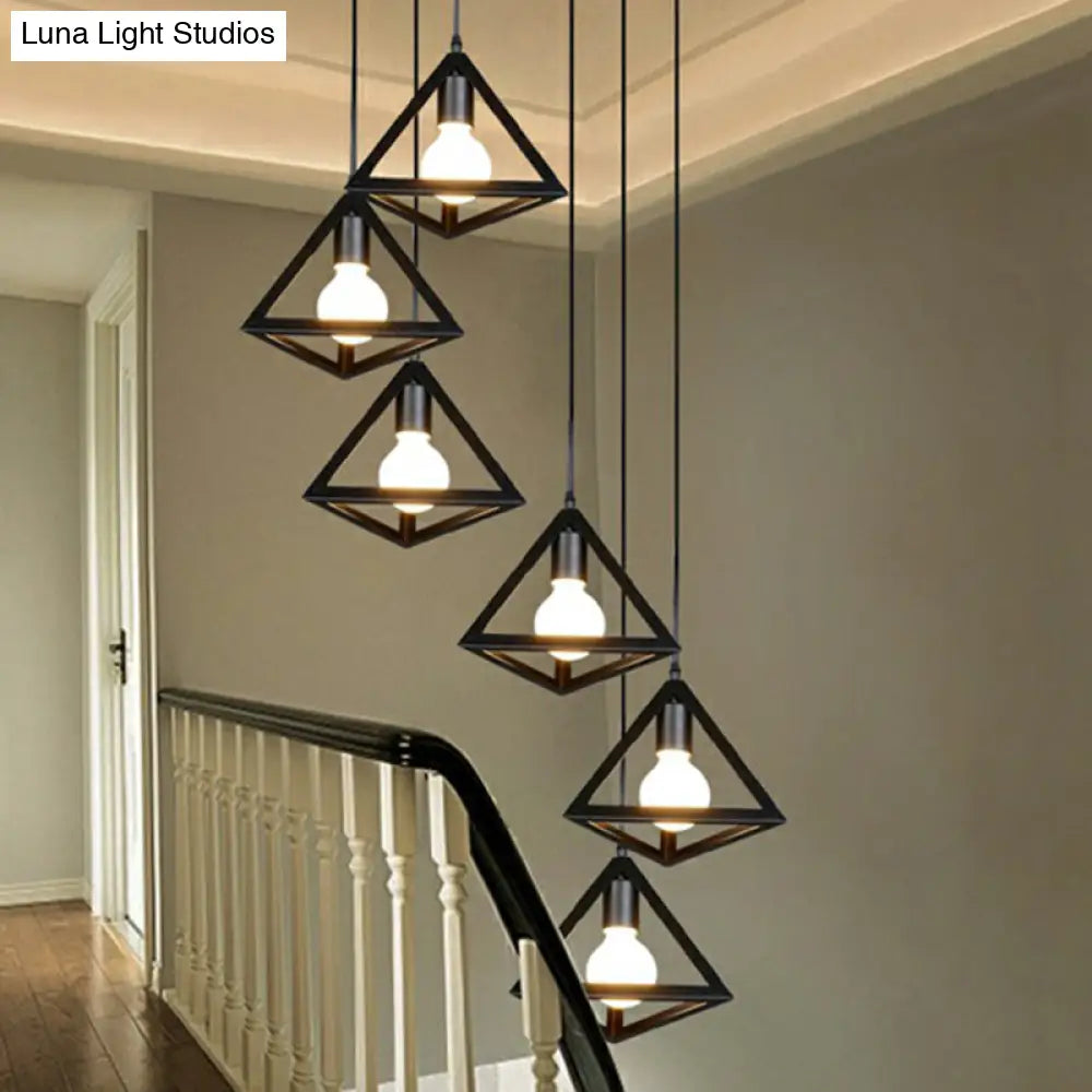 Cluster Pendant Cage Lamp: Loft Style Stairs Ceiling Light With 6 Metal Shades In Black