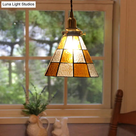 Coastal Checkered Pendant Lamp - Clear And Brown Mosaic Glass Brass Finish