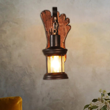 Coastal Clear Glass Kerosene Wall Lamp: Black Sconce Light With Wooden Foot /