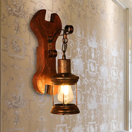 Coastal Clear Glass Lantern Sconce Light With Wooden Backplate - Rustic One-Light Fixture Rust / C