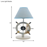 Coastal White Nightstand Lamp With Fabric Cone Shade And Rudder Decor - 1 Light