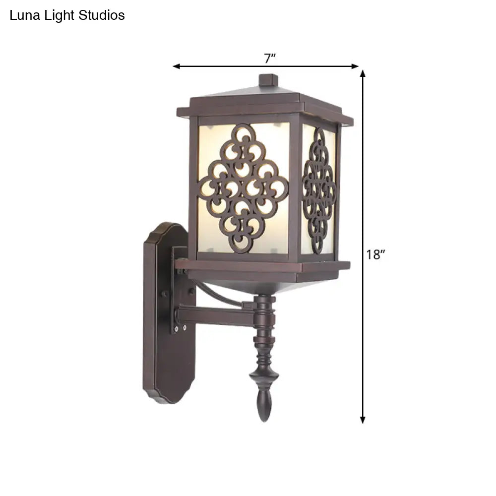 Coffee Cubic Cream Glass Wall Mount Light With Chinese Knot Pattern - 1 Patio Sconce For Cottage