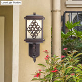 Coffee Cubic Cream Glass Wall Mount Light With Chinese Knot Pattern - 1 Patio Sconce For Cottage