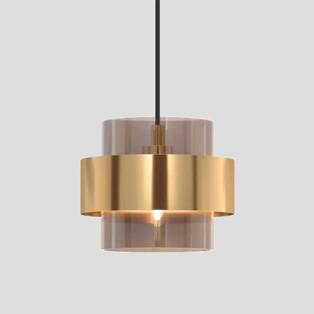 Cognac Glass Pendant Light Fixture With Nordic Design And Gold Ring Guard