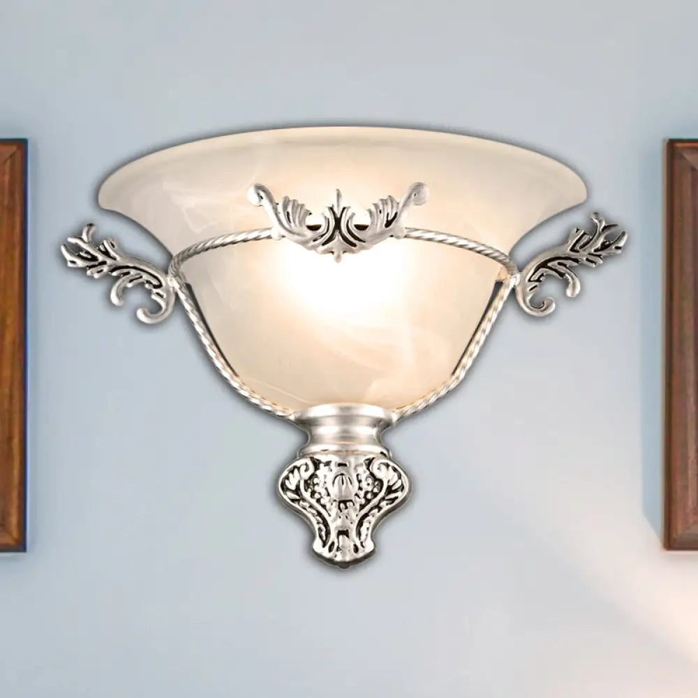 Colonial 1-Head Bell Sconce Light With White Glass And Silver/Brass Carved Metal Decor - Wall
