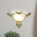 Colonial 1-Head Bell Sconce Light With White Glass And Silver/Brass Carved Metal Decor - Wall