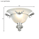 Colonial 1-Head Bell Sconce Light With White Glass And Silver/Brass Carved Metal Decor - Wall
