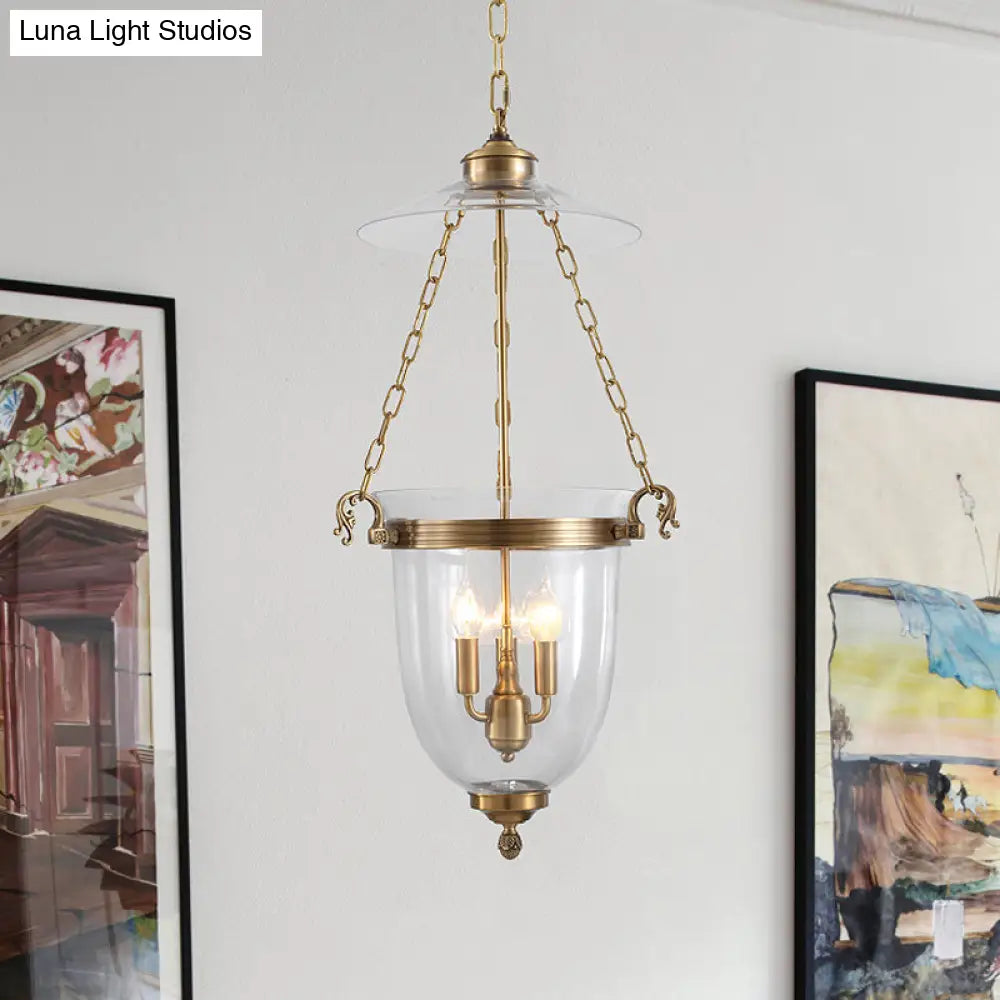 Colonial 3-Head Clear Glass Candle Chandelier Pendant Light Fixture For Living Room