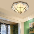Colonial Brass Ceiling Light With 4 Bulbs Mouth Blown Opal Glass - Flush Fixture For Living Room