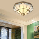 Colonial Brass Ceiling Light With 4 Bulbs Mouth Blown Opal Glass - Flush Fixture For Living Room