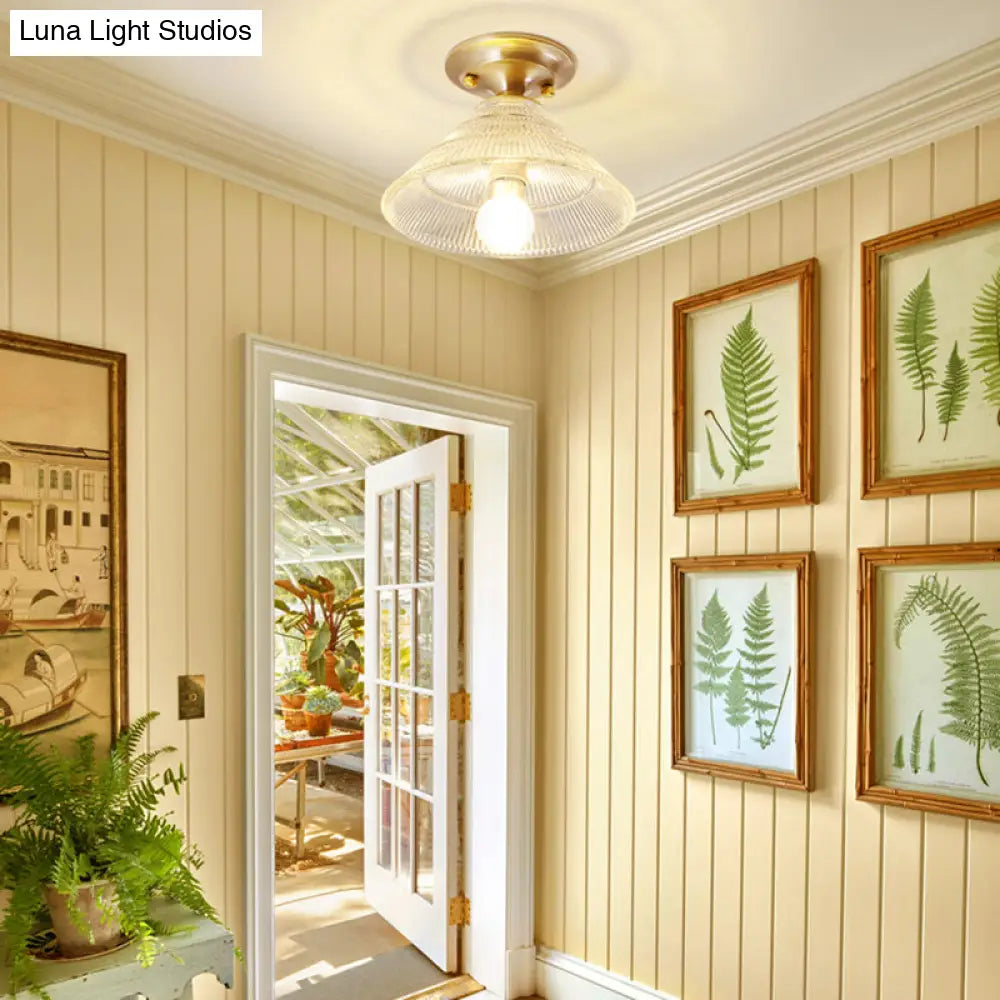 Colonial Brass Clear Ribbed Glass Flush Mount Light - 7.5’/8’ Width Cone/Bell Ceiling Fixture