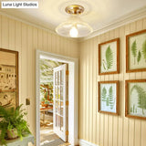 Colonial Brass Clear Ribbed Glass Flush Mount Light - 7.5’/8’ Width Cone/Bell Ceiling Fixture