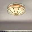 Colonial Brass Drum Ceiling Light With Opaline Glass - 3 Bulb Flush Mount For Bedroom
