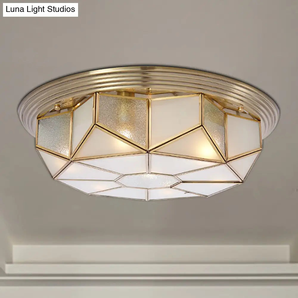 Colonial Brass Flush Mount Lamp With Sandblasted Glass For Living Room - 6 Heads Octagonal Ceiling