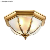 Colonial Brass Flushmount Ceiling Light With Frosted Glass Bowl Shade & 3 Lights