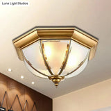 Colonial Brass Flushmount Ceiling Light With Frosted Glass Bowl Shade & 3 Lights