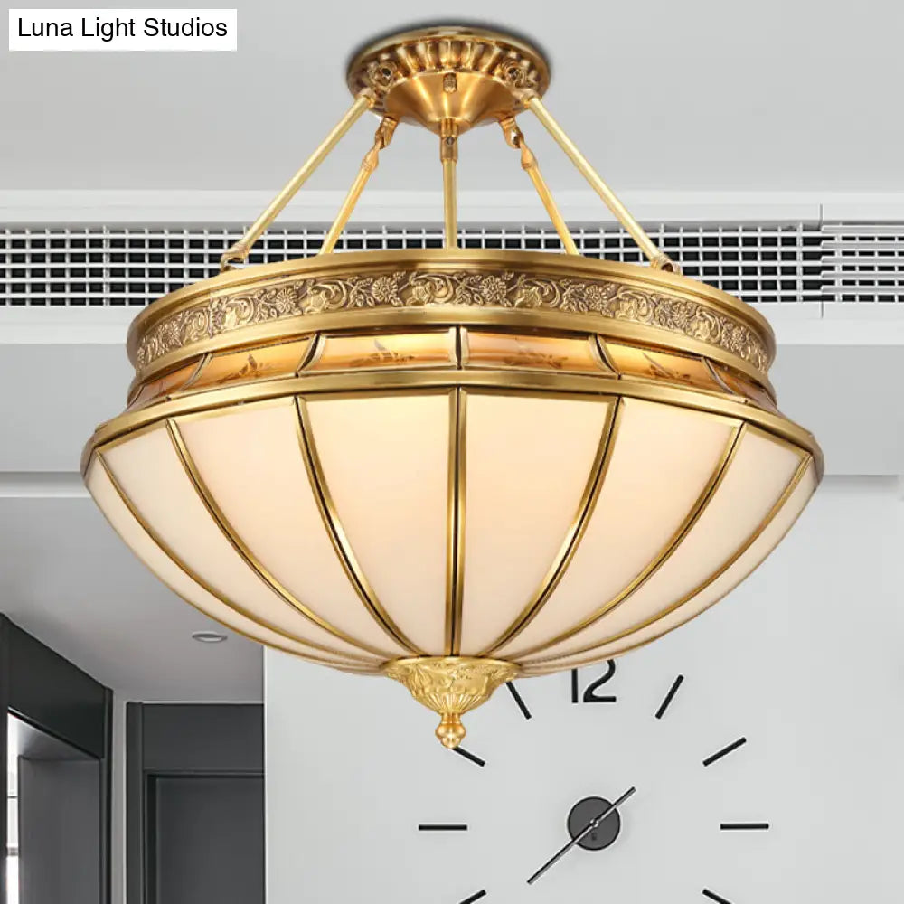 Colonial Brass Semi - Flush Mount With Inverted Frosted Glass For Living Room - 4 Lights