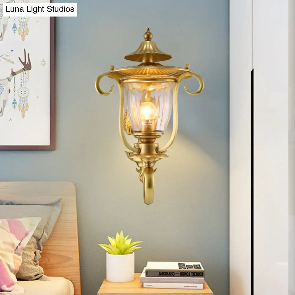 Colonial Curved Arm Brass Gold Wall Sconce With Clear Glass Shade - 1/2 Head Mounted Lamp