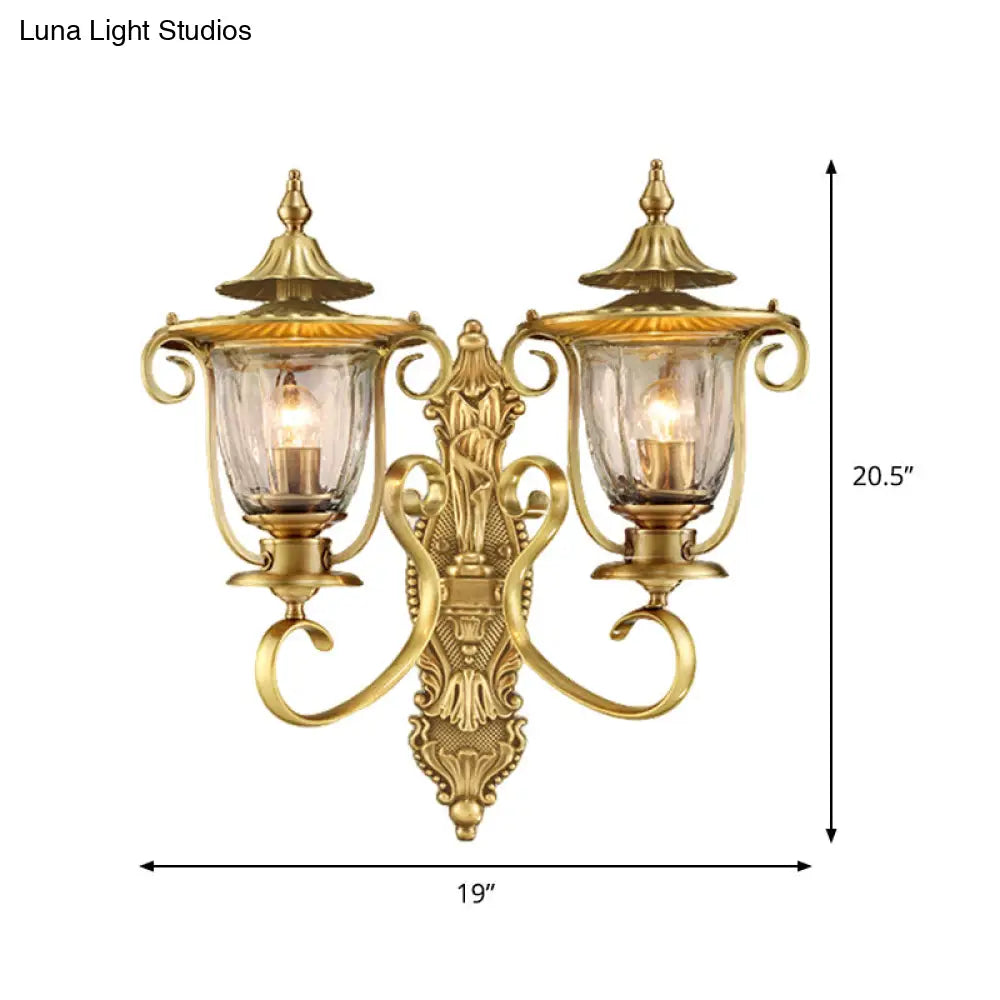 Colonial Curved Arm Brass Gold Wall Sconce With Clear Glass Shade - 1/2 Head Mounted Lamp