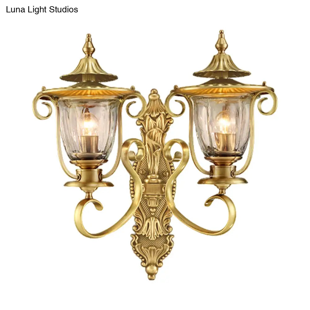 Colonial Curved Arm Brass Gold Wall Sconce With Clear Glass Shade - 1/2 Head Mounted Lamp