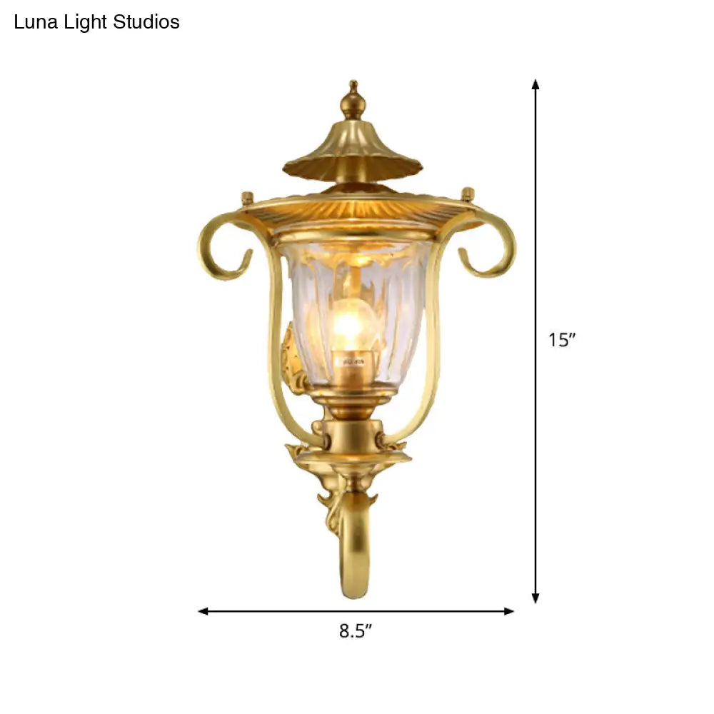 Colonial Curved Arm Brass Gold Wall Sconce With Clear Glass Shade - 1/2 Head Mounted Lamp