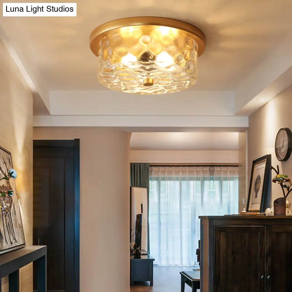 Colonial Drum Ceiling Light Fixture Clear Dimple Glass Brass Flush Mount For Living Room - 3 Bulbs