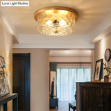 Colonial Drum Ceiling Light Fixture Clear Dimple Glass Brass Flush Mount For Living Room - 3 Bulbs