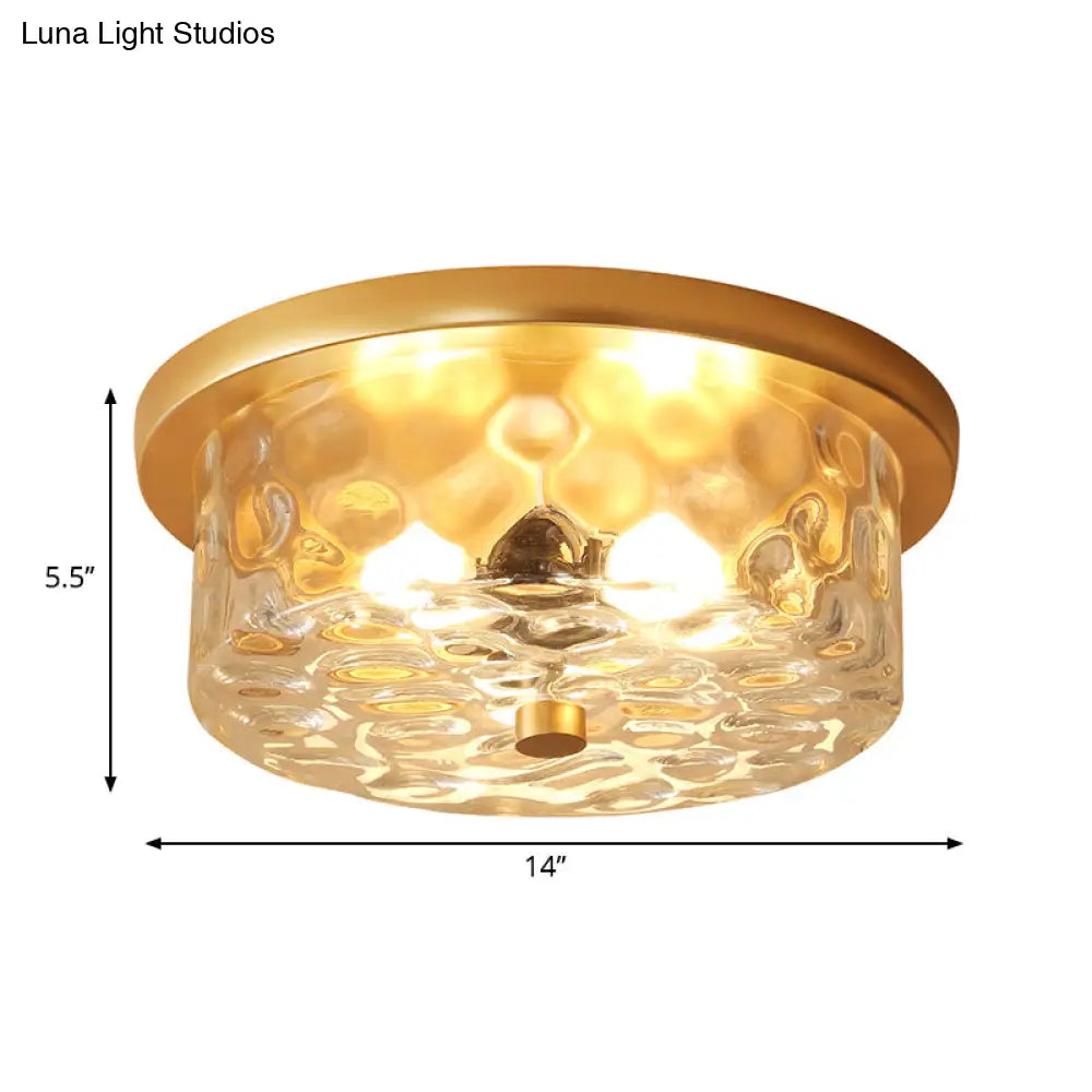 Colonial Drum Ceiling Light Fixture Clear Dimple Glass Brass Flush Mount For Living Room - 3 Bulbs