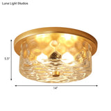 Colonial Drum Ceiling Light Fixture Clear Dimple Glass Brass Flush Mount For Living Room - 3 Bulbs