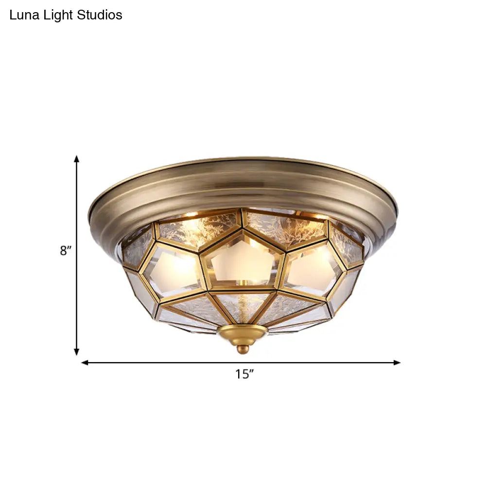 Colonial Frosted Glass Brass Ceiling Flush Mount Lamp With 3 Faceted Heads For Bedroom