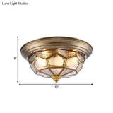 Colonial Frosted Glass Brass Ceiling Flush Mount Lamp With 3 Faceted Heads For Bedroom