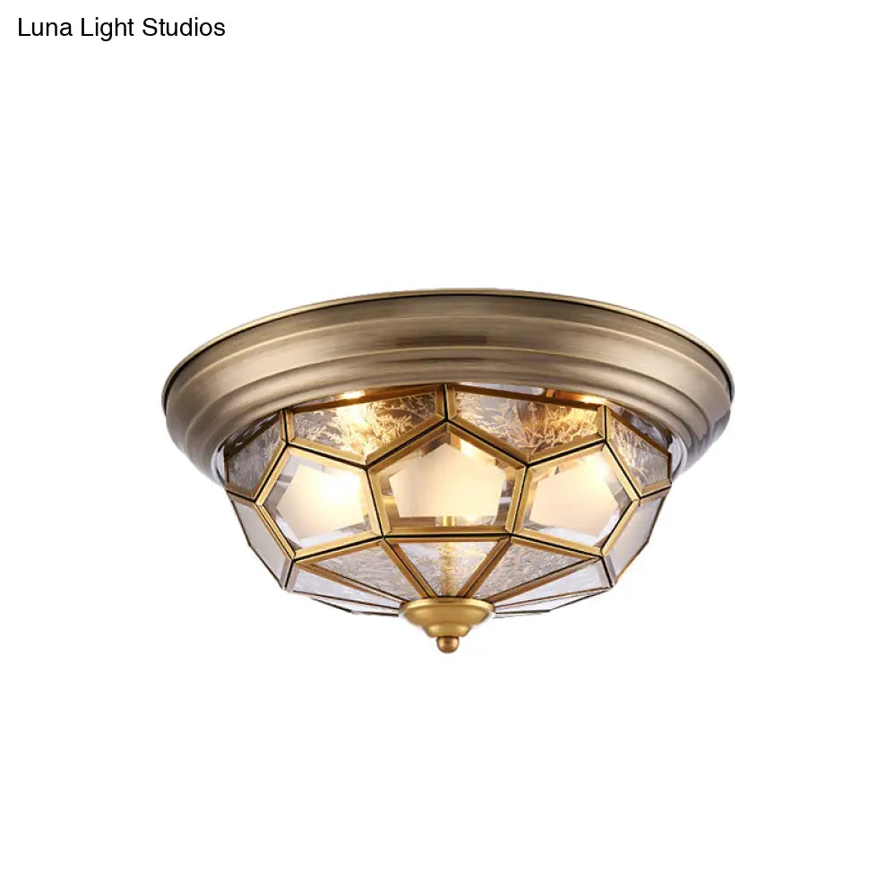 Colonial Frosted Glass Brass Ceiling Flush Mount Lamp With 3 Faceted Heads For Bedroom