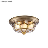 Colonial Frosted Glass Brass Ceiling Flush Mount Lamp With 3 Faceted Heads For Bedroom