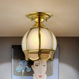 Colonial Glass Brass Ceiling Flush Light - Small Balcony Mount Fixture / Cylinder