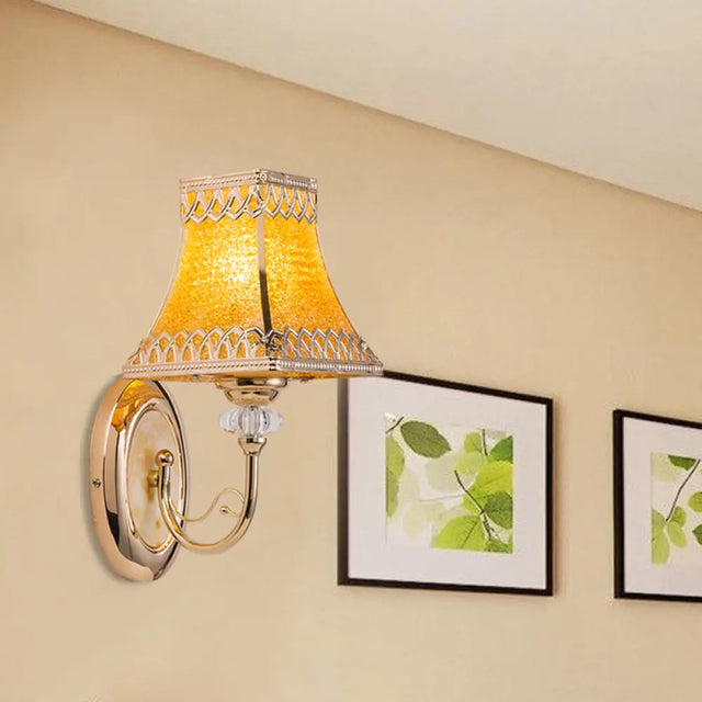 Colonial Gold Bell Wall Sconce With Beveled Glass And Arched Arm For Indoor Use