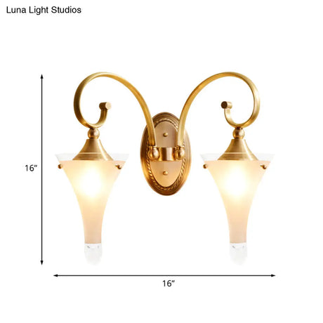 Colonial Gold Flared Wall Sconce With Frosted White Glass - Scrolled Arm Design