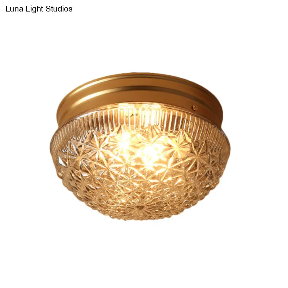 Colonial Gold Flush Mount Ceiling Light Fixture With Clear Ribbed Glass For Bedroom - Set Of 2 Bulbs