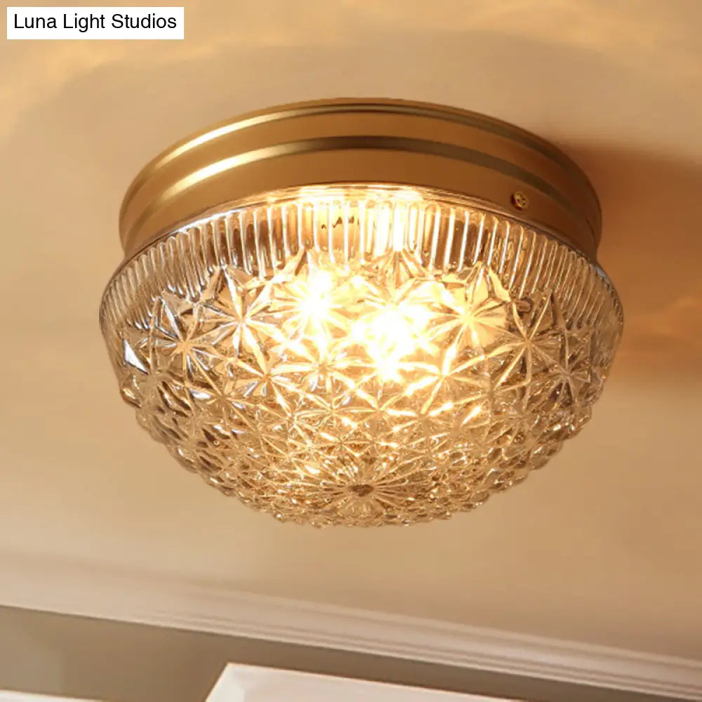 Colonial Gold Flush Mount Ceiling Light Fixture With Clear Ribbed Glass For Bedroom - Set Of 2 Bulbs