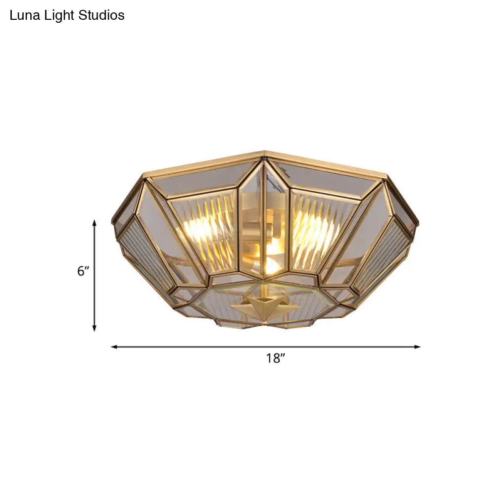 Colonial Gold Geometric Glass Flush Light - 3-Light Ceiling Mount For Bedroom