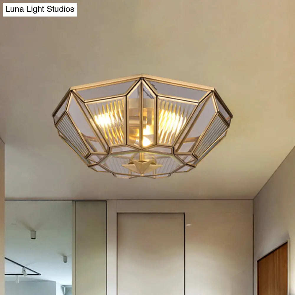 Colonial Gold Geometric Glass Flush Light - 3-Light Ceiling Mount For Bedroom