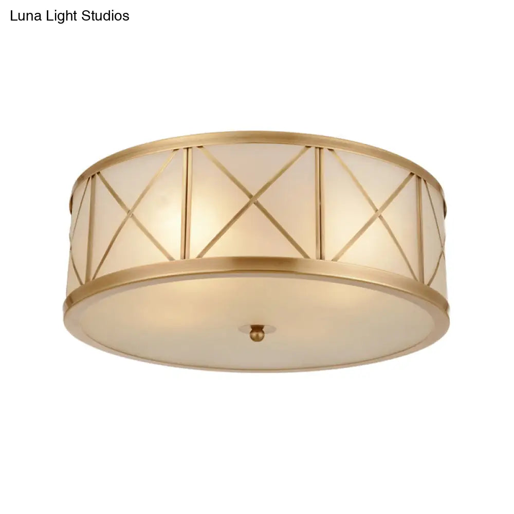 Colonial Gold Glass Ceiling Lamp With Trellis Cage - Bedroom Flush Light