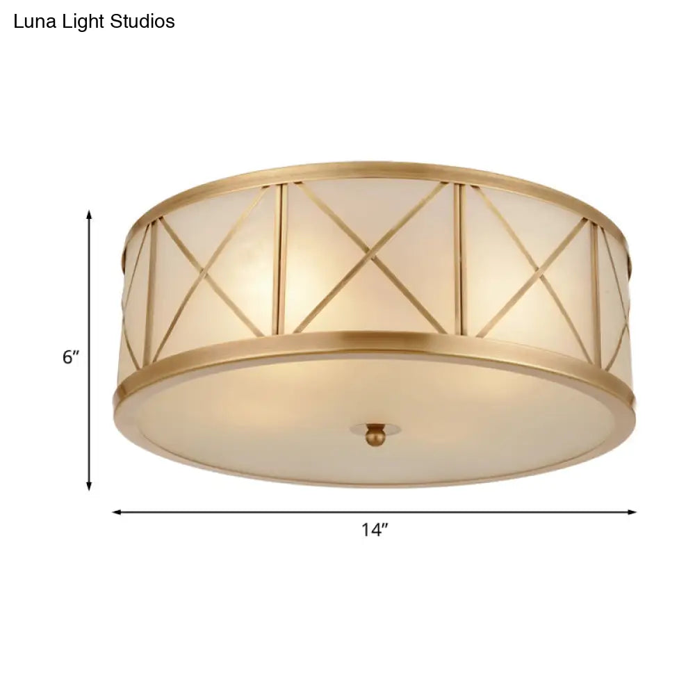 Colonial Gold Glass Ceiling Lamp With Trellis Cage - Bedroom Flush Light